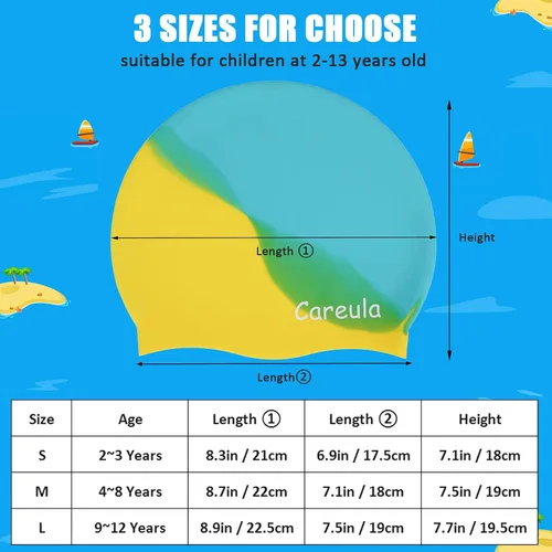Miniatura 4 de Gorro de natación, paquete de 2 gorras de natación de silicona duraderas para niños, niñas, niños y jóvenes (edad 2-12), suaves 3D ergonómicos