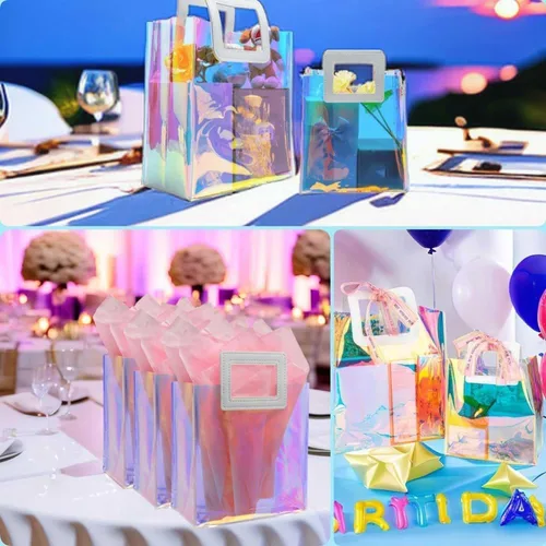 Miniatura 5 de Caleihd 12 bolsas de regalo holográficas transparentes con papel de seda, 7.9 x 7.1 x 3.9 pulgadas con asas, bolsas de golosinas, para Navidad