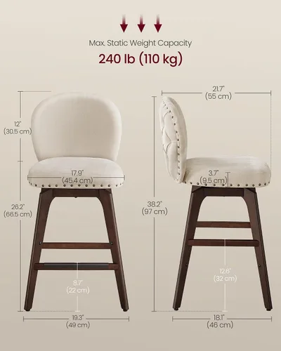 Miniatura 2 de VASAGLE Juego de 2 Taburetes de Bar, Taburetes de Bar Giratorios de Altura de Mostrador con Respaldo y Patas de Madera, Taburetes de Bar Tapizados