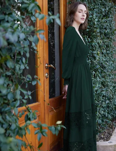Miniatura 75 de Vestido largo de encaje para mujer de manga corta y cuello en V, vestido de fiesta estilo bohemio con cintura fruncida, vestido bohemio para mujer
