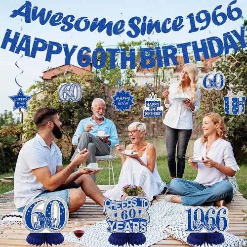 Miniatura 6 de Crenics Decoraciones azules de 60 cumpleaños para hombres o mujeres – Cartel de feliz cumpleaños 60, pancarta impresionante desde 1966, centros