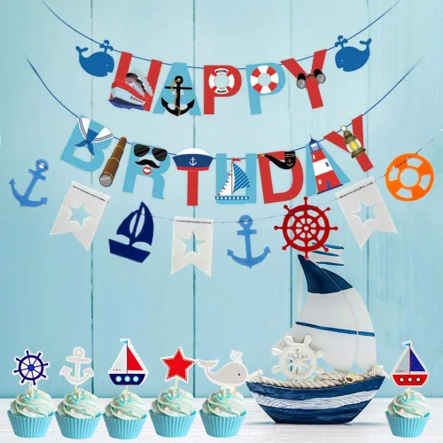 Miniatura 4 de 77 piezas de suministros náuticos para fiestas: pancarta náutica de feliz cumpleaños, banderines, 30 globos de látex (rojo, azul, blanco), 24