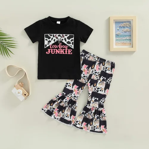 Miniatura 45 de fhutpw Conjunto de camiseta de manga corta con estampado de vaca y pantalones acampanados de dibujos animados para niñas