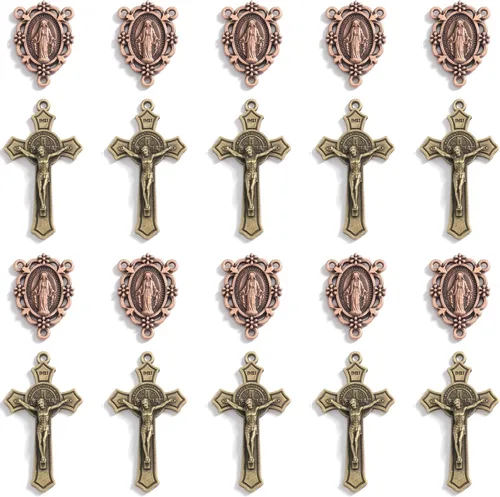 Juego de 20 piezas de conectores centrales de rosario religioso y crucifijo, medalla de tono dorado y dijes de cruz, medalla de 1.26 pulgadas, cruz
