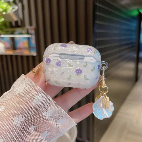 Miniatura 7 de Linda funda Airpod Pro 2 con perla de concha y llavero floral de mármol, funda protectora dura de TPU para AirPods Pro de 2ª generación para mujeres