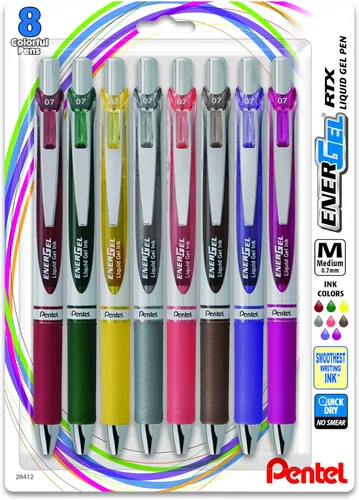 Miniatura 9 de Pentel EnerGel RTX - Bolígrafo de gel líquido retráctil (¹/₃₂ pulgadas), punta de metal, línea mediana, tinta de colores surtidos, paquete de 8