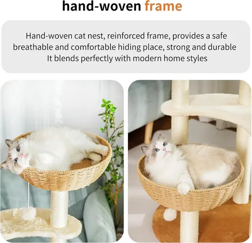 Miniatura 5 de Moderna torre de árbol para gatos de interior, condominio de madera de varios niveles con nido de cápsula espacial, cesta tejida a mano para gatos