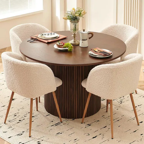 Miniatura 10 de Homedot Juego de mesa de comedor redonda de 5 piezas para 4, mesa de cocina de nogal de 47 pulgadas y sillas tapizadas para comedor, juego de mesa