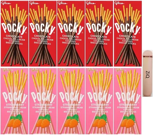 Pocky - Palitos de galletas cubiertos de crema, 1.41 onzas (paquete de 10), cubierta de crema de chocolate (5 paquetes), cubierta de crema de fresa