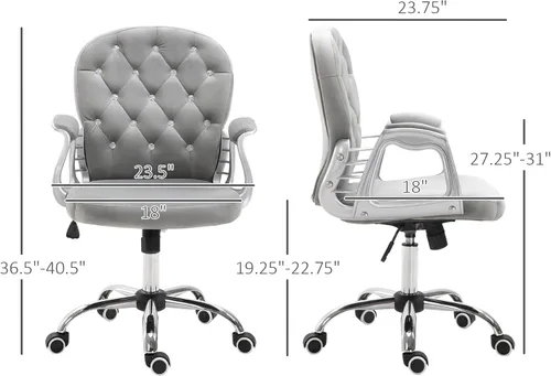 Miniatura 3 de Vinsetto Silla de oficina en casa de terciopelo, silla de escritorio con botones copetudos con reposabrazos acolchados, altura ajustable y ruedas