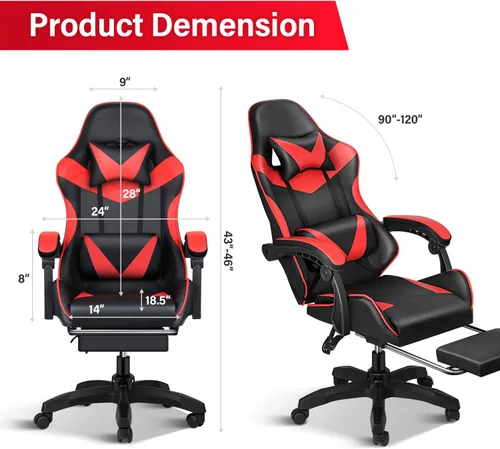 Miniatura 3 de YSSOA Silla giratoria de videojuegos y para oficina, ergonómica, con respaldo alto y asiento de altura ajustable, color rojo Rojo con reposapiés