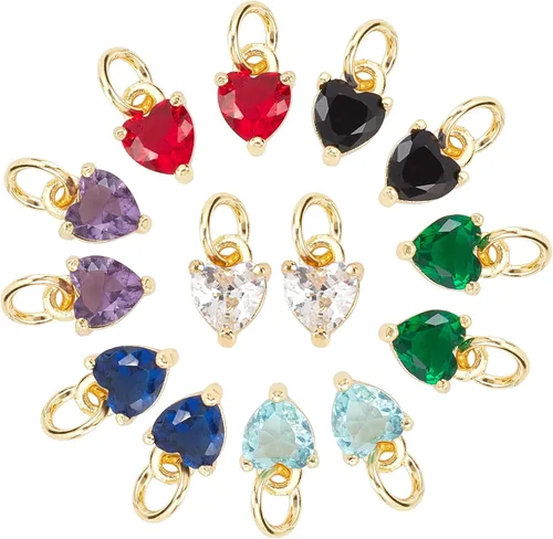 PH PandaHall 14 dijes de corazón chapados en oro de 18 quilates, 7 colores, circonita cúbica, con anillo de salto para aretes, pulseras, collares,