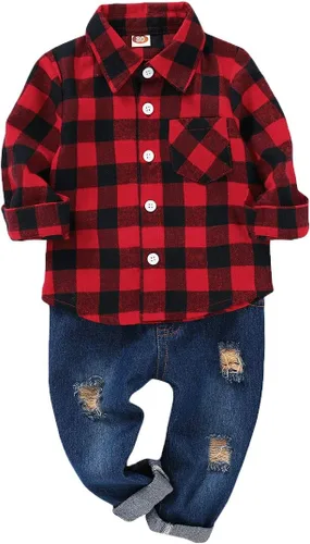 MAMAMI Conjunto de 2 piezas de camisa de franela a cuadros rojos para bebés, niños y niñas, cintura elástica, agujeros rasgados, pantalones de