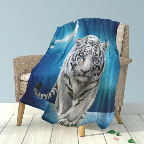 Miniatura 2 de Manta de Forro Polar de 50"x40", Suave, Acogedora, Cálida, Manta de Franela de Felpa Difusa, Tigre Blanco Siberiano Bajo la Noche Estrellada Azul