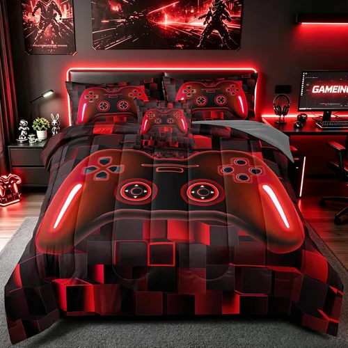 Miniatura 9 de Juego de ropa de cama de 5 piezas con estampado de videojuegos tamaño individual para niños, niñas, adolescentes, ropa de cama de 5 piezas en una