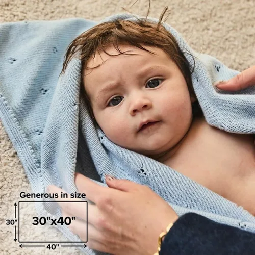 Miniatura 6 de Manta de algodón orgánico de 30 x 40 pulgadas, mantas de punto Pointelle para niños y niñas, manta ligera y suave para bebés (azul bebé)
