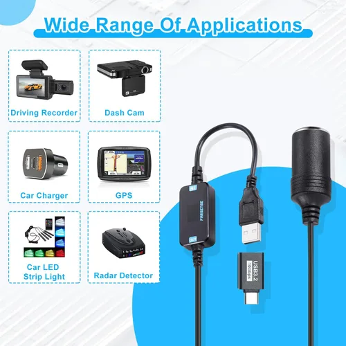 Miniatura 3 de FARSENSE Adaptador USB A a enchufe de cigarrillos de 12V - Cable convertidor de enchufe de encendedor de cigarrillos de coche de 5V DC USB C a 12V