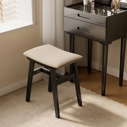 Miniatura 3 de Muwuele Taburete de tocador de madera maciza, silla de maquillaje compacta con cojín de sillín, asiento de esponja de alto rebote cubierto de lino