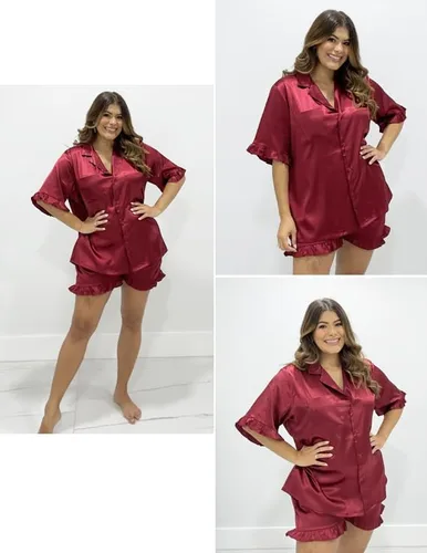 Miniatura 5 de Ekouaer Conjunto de pijama de satén de seda con volantes para mujer, conjunto de pijama con botones S-XXL