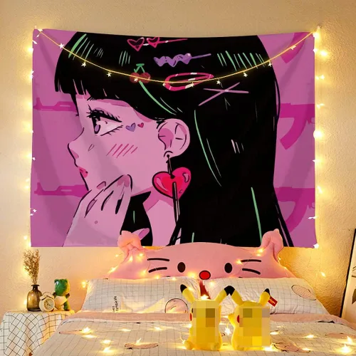 Miniatura 4 de SUFUZEGA Tapiz de Chica de Anime Japonés Kawaii Esteticismo Impresión 3D Arte de Anime para Colgar en la Pared, para Sala de Estar Dormitorio R01