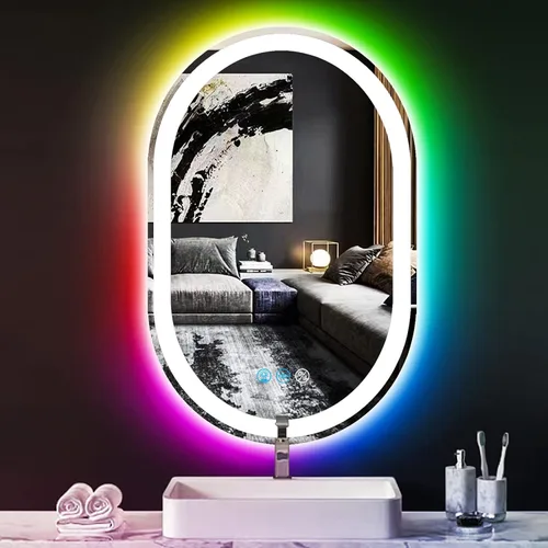 Espejo de baño ovalado RGB de 24 x 16 pulgadas con luces delanteras inteligentes regulables de 3 colores y arco iris, colorido cambiante,