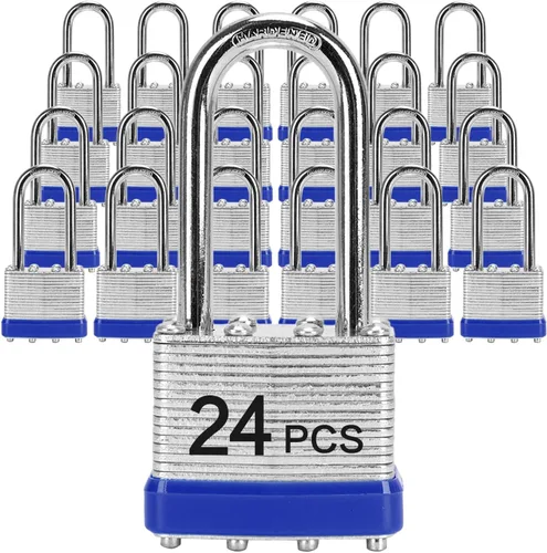 Candados con la misma llave, LQYN 24 candados laminados con llave (1-9/16 pulgadas, 1.575 in), cerraduras con llave igual, grillete largo, para