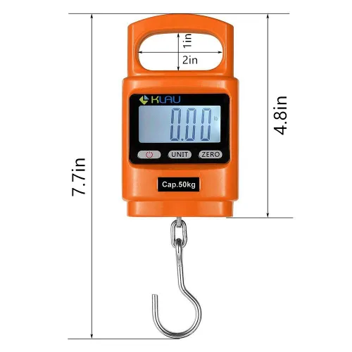 Miniatura 2 de Klau - Báscula portátil de pesaje para peces, naranja, 100 libras / 1600 onzas Escala colgante digital resistente, pantalla LCD con luz de fondo