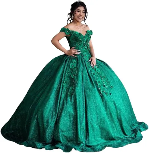 Youjiayi Vestidos de quinceañera florales 3D para mujer, vestidos largos de tul hinchados, vestidos de baile de graduación con hombros descubiertos