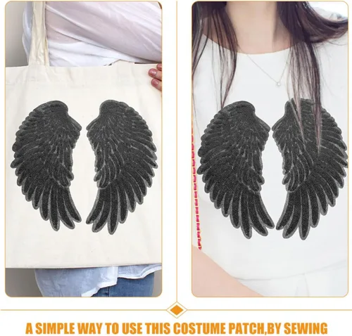 Miniatura 3 de Artibetter Angel Wing Embroidery Sequin Patches 2pcs Medium Black Iron-on Applique for DIY Clothing Repair and Decoration, Large Sewing Supplies for