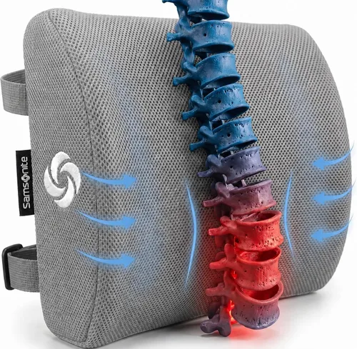Samsonite Almohada ergonómica de apoyo lumbar para silla de oficina, silla de juegos o automóvil, cojín de espuma viscoelástica con malla ventilada