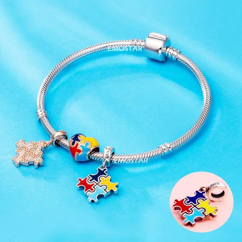 Miniatura 18 de Abalorio de concientización sobre el autismo para pulsera europea de bricolaje, plata de ley 925, dijes esmaltados, dijes Live Love Laugh Charms, I