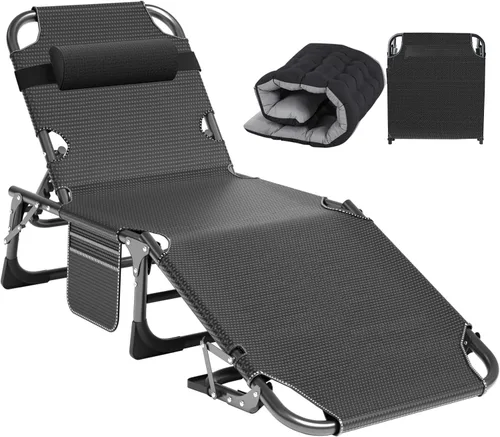 Miniatura 17 de ABORON Silla de bronceado resistente, silla de descanso plegable de 5 posiciones para exteriores con almohadilla, silla de playa portátil para tomar
