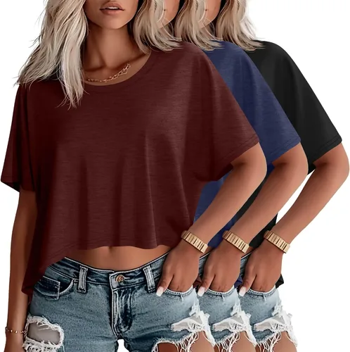 Miniatura 9 de Huukeay Paquete de 3 camisetas recortadas de gran tamaño para mujer, manga corta, holgadas, cuello redondo, holgadas, para entrenamiento