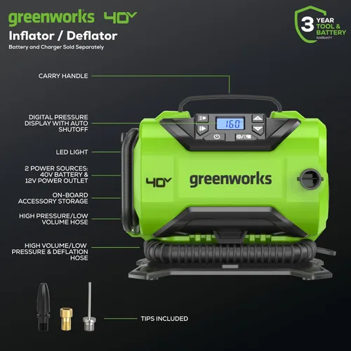 Miniatura 2 de Greenworks Inflador de neumáticos inalámbrico de 24 V con batería USB de 2 Ah y cargador de 2 A, compresor de aire portátil (160 PSI) con apagado