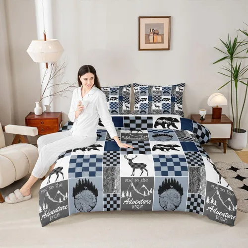 Miniatura 210 de Juego de edredón de oso y ciervo, tamaño individual, ropa de cama de animales salvajes de caza, colcha rústica de cabaña, casa de campo, cuadros