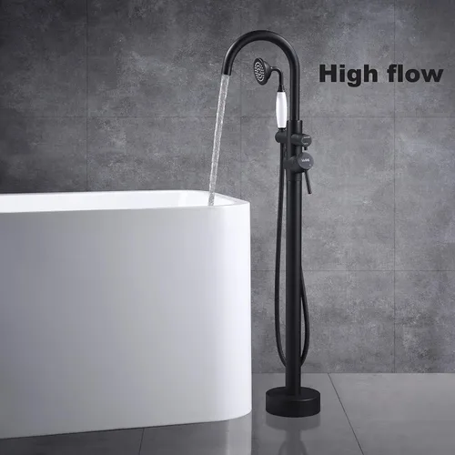 Miniatura 2 de Grifo de bañera independiente Llenador de bañera Negro Alto Flujo 11.9GAL Grifos de montaje en piso con rociador de ducha de mano RIGOBAL