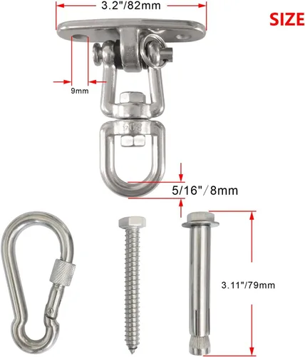 Miniatura 2 de Juego de 2 ganchos de suspensión giratorios de 360° para montaje en techo con capacidad de 1500 libras con tornillos de perno, mosquetón de bloqueo