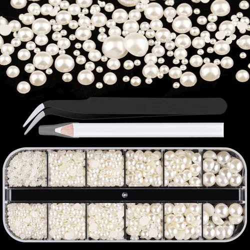 Miniatura 13 de Kit de 2700 perlas con parte trasera plana, 1 caja de color blanco con parte trasera plana + 1 caja de perlas pequeñas de color beige medio redondo