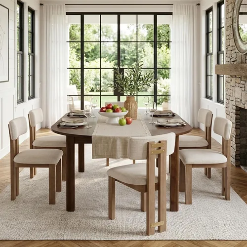 Miniatura 8 de HNY Juego de 4 sillas de comedor modernas de lino, tapizadas de tela beige, con marco de madera natural y respaldo curvado, sillas de madera sin