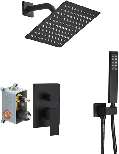 Miniatura 17 de Sistema de ducha negro mate de 10 pulgadas para baño, juego combinado de ducha de lujo con mezclador de lluvia, montado en la pared, grifo de ducha