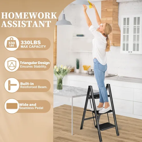 Miniatura 3 de HBTower Escalera de escalón, taburete plegable, taburete portátil de acero resistente para adultos con pedales anchos antideslizantes para el hogar