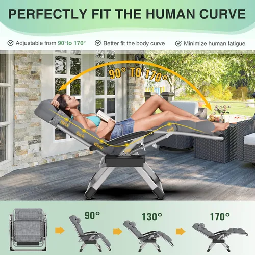 Miniatura 4 de Suteck Silla de gravedad cero de gran tamaño, silla reclinable de 29 pulgadas XL para exteriores con cojín extraíble y reposacabezas, silla