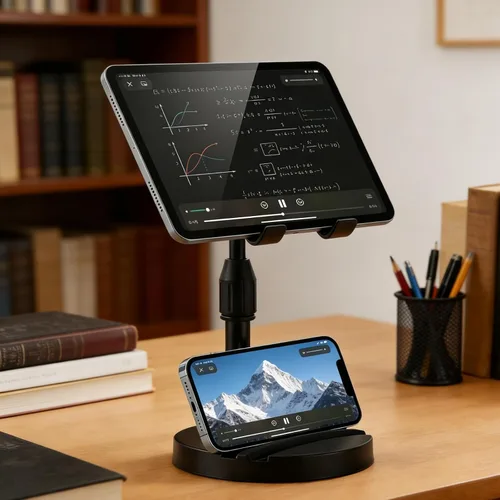 Miniatura 7 de Soporte de altura ajustable para teléfono y tableta, soporte doble para dispositivos con rotación de 360°, base antideslizante resistente