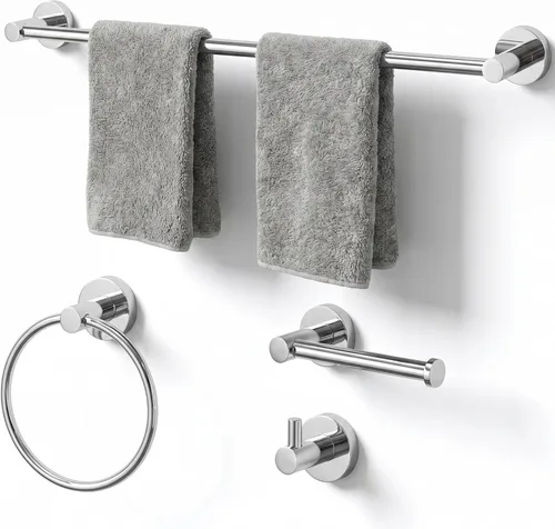 Miniatura 16 de Juego de toallas de baño de 24 pulgadas para montar en la pared, juego de 4 piezas de acero inoxidable duradero con toallero, anillo para toallas