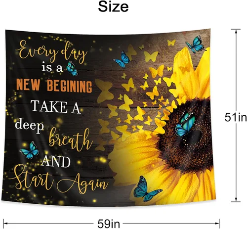 Miniatura 3 de AMBZEK Tapiz de girasol amarillo de 51 pulgadas de alto x 59 pulgadas de ancho, mariposa, floración floral, planta de primavera, marrón, rústico