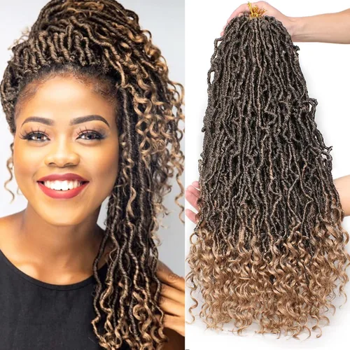 Miniatura 8 de Leeven 7 paquetes de rastas sintéticas con extremos rizados de 18 pulgadas, rastas de diosa preenrolladas para cabello de ganchillo, 84 hebras 1b#