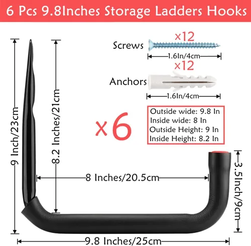 Miniatura 2 de Ganchos para escaleras de almacenamiento de garaje, paquete de 6 perchas resistentes, estante de montaje en pared de 9.8 pulgadas con capacidad