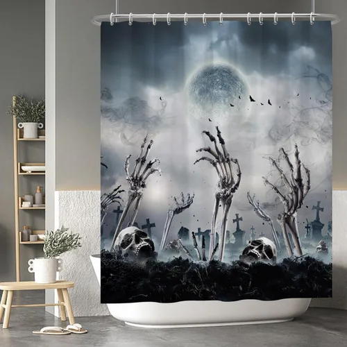 Miniatura 8 de Cortina de ducha de fantasma y gato negro para niños, 36 x 72 pulgadas, espeluznante y bonita, cortina de baño de Halloween con 6 ganchos, cortina