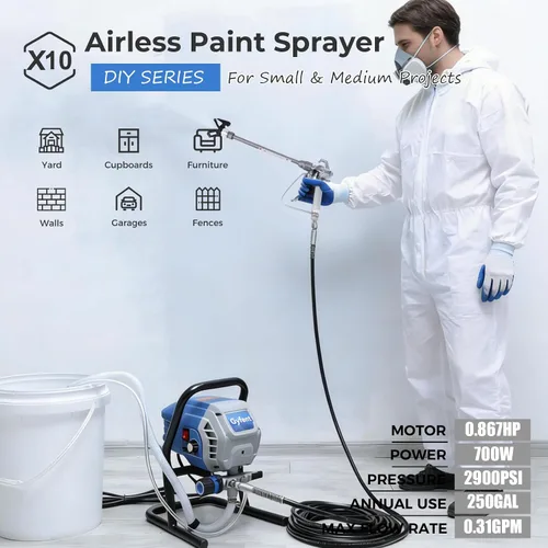 Miniatura 2 de Pulverizador de pintura sin aire X10, pulverizador de pintura de 0.31 GPM para interior del hogar, 700 W, 2900 psi, pulverizador sin aire con baja