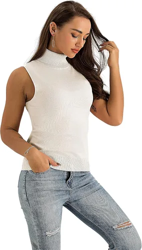 Miniatura 5 de Spicy Sandia Suéter ajustado sin mangas de punto de cuello alto elástico para mujer